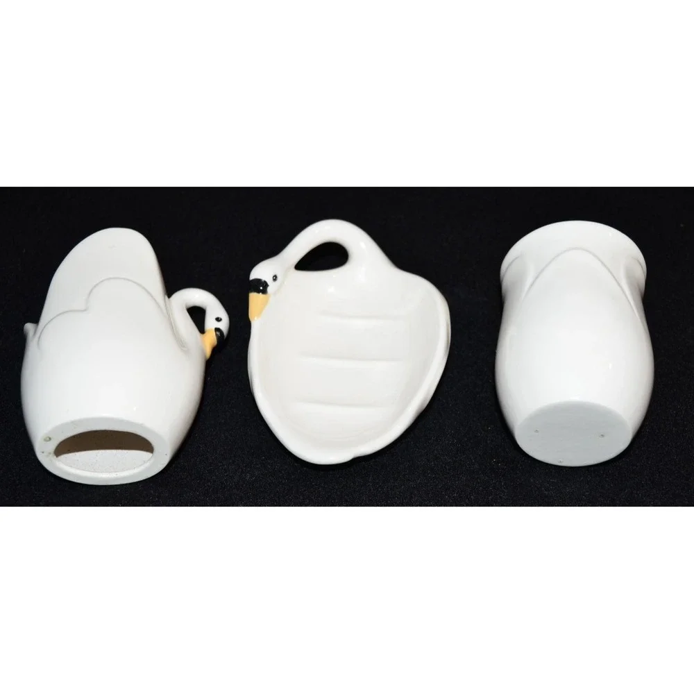 Vtg MCM Art Nouveau White Porcelain Swan Vanity Set Soap Dish Toothbrush Cup